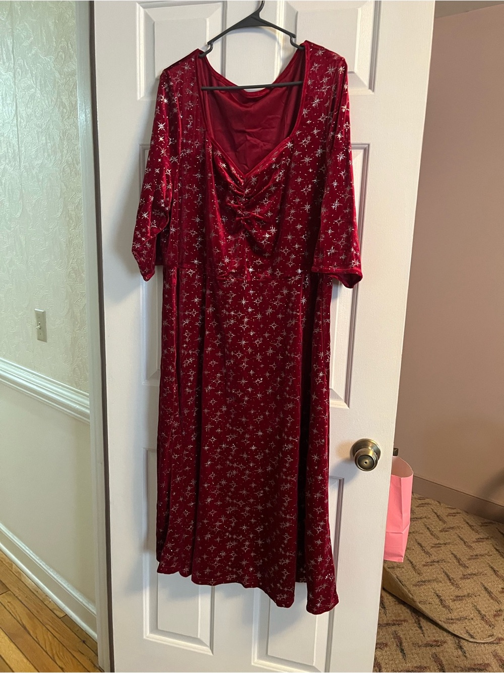 BloomChic Red Velvet Star-Print Maxi Dress with Draped Neckline